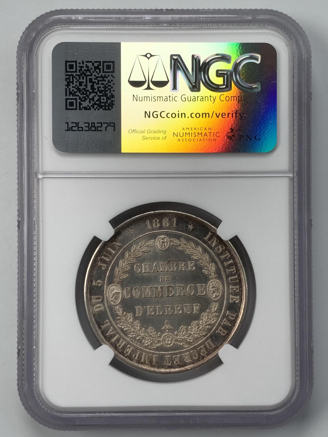 掌中浮雕-藏着的欧洲第050场 NGC MS64 ：1861年法国埃尔伯夫商会银章，33mm