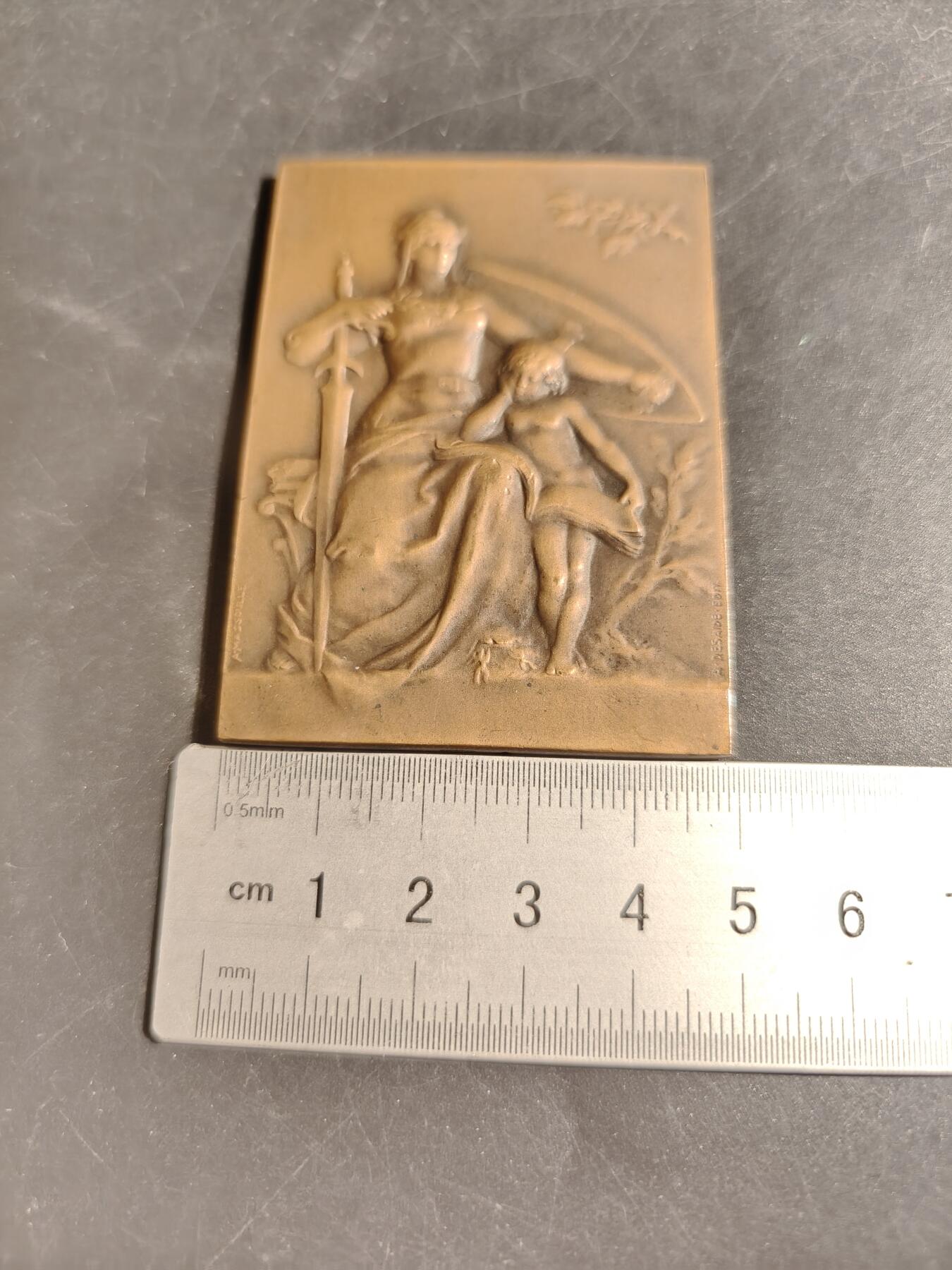 老王徽章第178期 法国“和平寓言”主题方形大铜章     一手持盾一手执剑的女性在保护一位小孩      大师皮列作品     尺寸50×68mm    重量88.5g