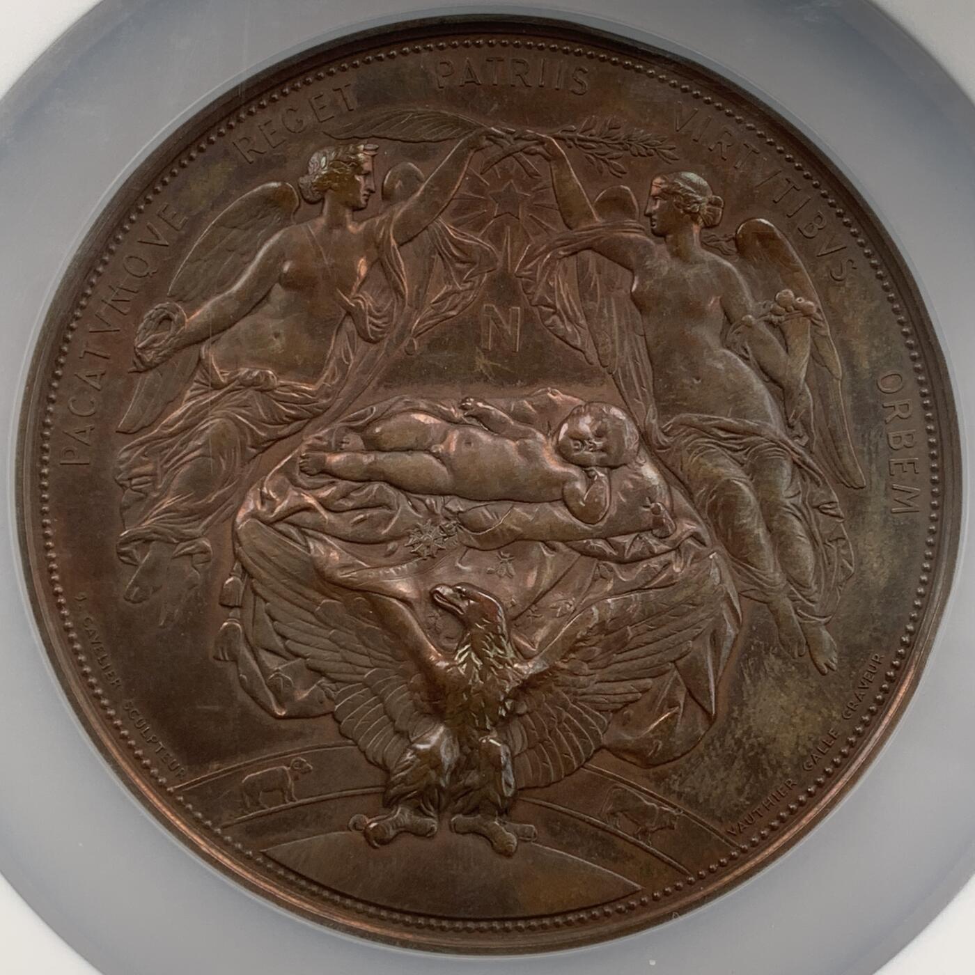 掌中浮雕-藏着的欧洲第050场 NGC AU58  : 1856年法国拿破仑三世儿子诞生大铜章 ，77mm