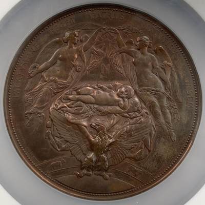 掌中浮雕-藏着的欧洲第050场 - NGC AU58  : 1856年法国拿破仑三世儿子诞生大铜章 ，77mm
