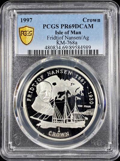 【雨安】【直播拍卖】【第0126期-评级币章】2026-01-24 周六 19:30 - [评级现代] Isle of Man 马恩岛 1克朗 1997年 极地探险家弗里乔夫·南森 PCGS-PR69DCAM 精制币