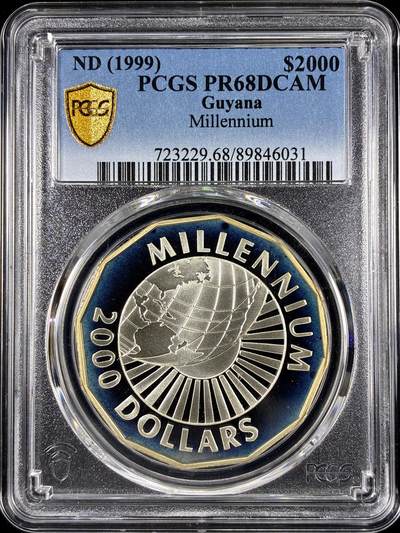 【雨安】【直播拍卖】【第0126期-评级币章】2026-01-24 周六 19:30 - [评级现代] Guyana 圭亚那 2000元 1999年 千禧年 PCGS-PR68DCAM 精制币