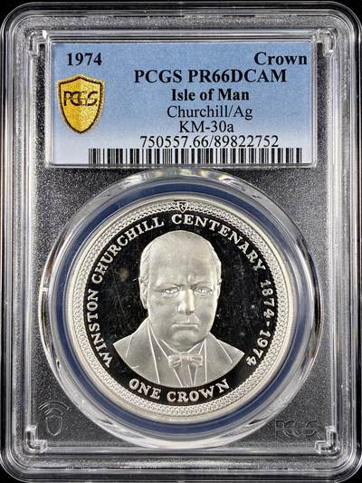 【雨安】【直播拍卖】【第0126期-评级币章】2026-01-24 周六 19:30 - [评级现代] Isle of Man 马恩岛 1克朗 1974年 丘吉尔 PCGS-PR66DCAM 精制币