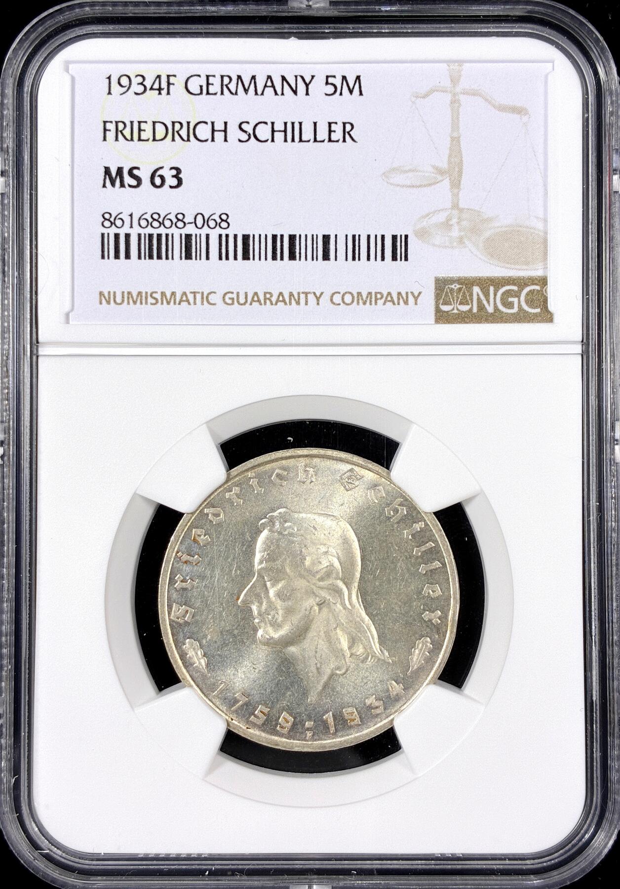 【雨安】【直播拍卖】【第0126期-评级币章】2026-01-24 周六 19:30 [评级德国] Germany 德国 第三帝国 5马克 KM#0085 (1934) 席勒 1934年F  NGC-MS63 粉光