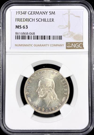 【雨安】【直播拍卖】【第0126期-评级币章】2026-01-24 周六 19:30 - [评级德国] Germany 德国 第三帝国 5马克 KM#0085 (1934) 席勒 1934年F  NGC-MS63 粉光