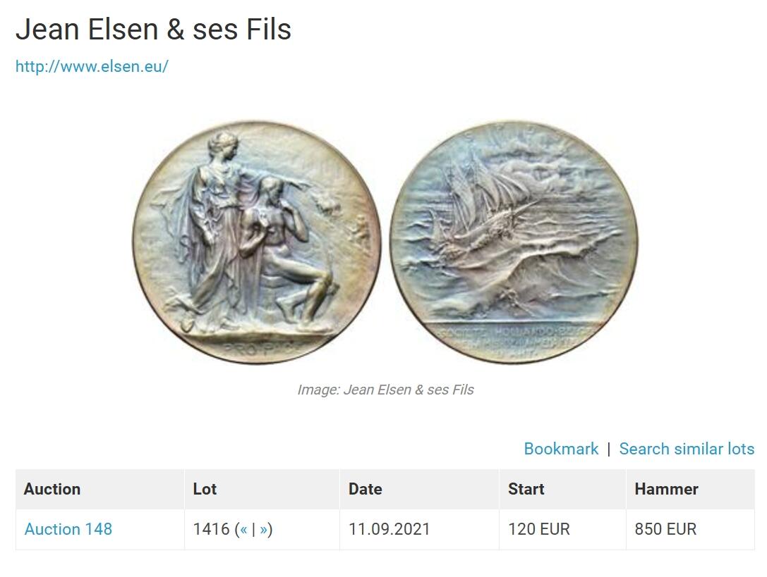 「木头集藏」章牌精品专场！ 荷兰-比利时章牌艺术之友协会1907年海牙和平会议大银章，MS 64  Le Roy作品，65mm，112克，品相极佳，协会第14号作品，银章发行量仅51枚！正面和平女神劝导战神铸剑为犁，背面和平之舟正在劈波斩浪。近年来欧洲拍卖含佣金价格均超过8000元人民币。  荷兰-比利时章牌艺术之友协会是章牌艺术史上重要的协会之一。