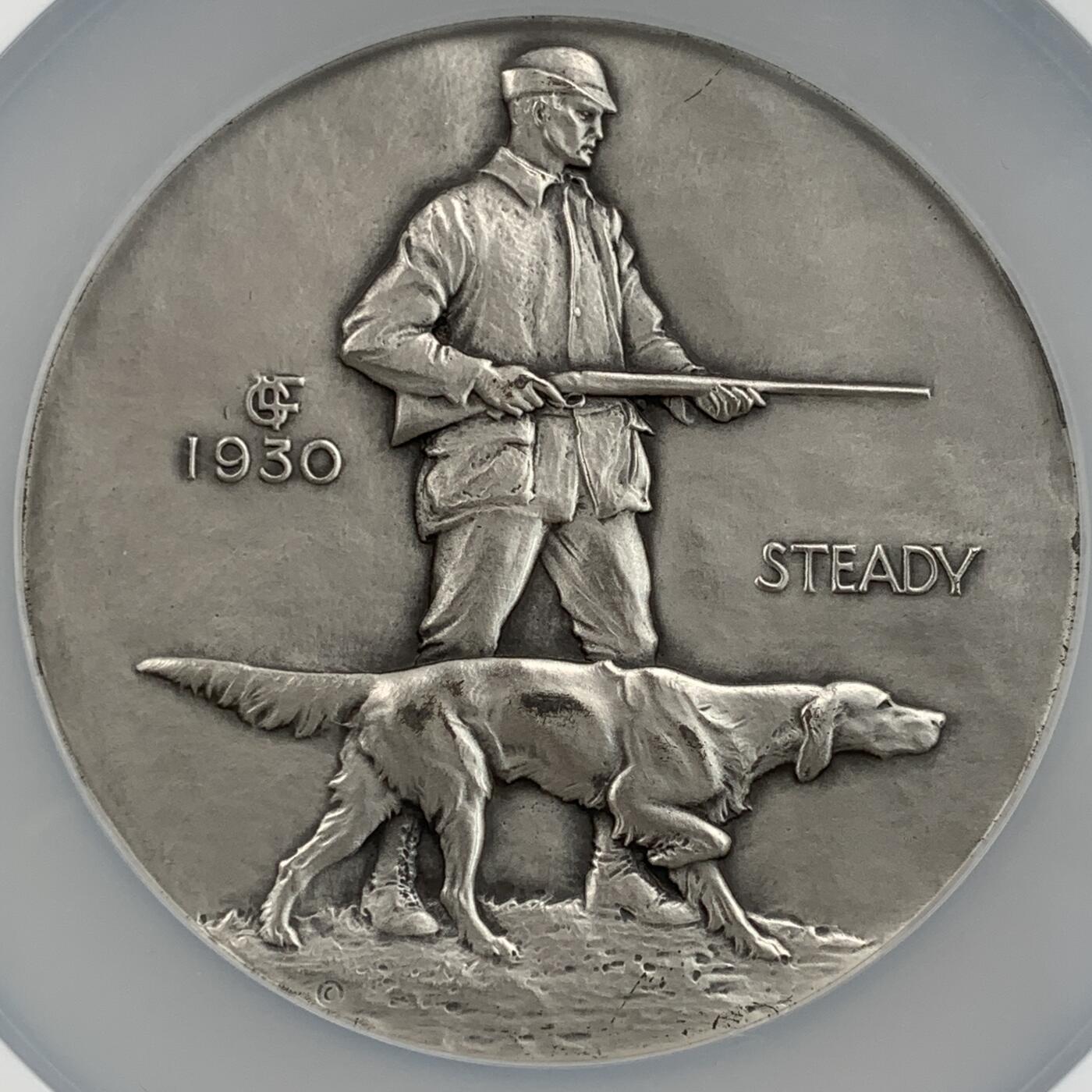 掌中浮雕-藏着的欧洲第050场 NGC MS64 : 1930年美国章牌协会#001号银章——猎人与狗  , 72mm，裸章重190g， 雕刻师：Laura Gardin Fraser ，正面：Hunter and dog 猎人与狗， 反面：Ruffed grouse 环羽松鸡 ，银章仅发行125枚