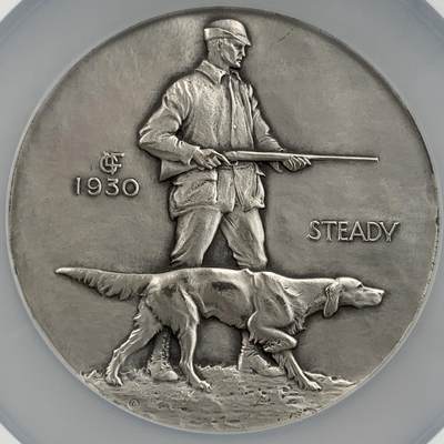 掌中浮雕-藏着的欧洲第050场 - NGC MS64 : 1930年美国章牌协会#001号银章——猎人与狗  , 72mm，裸章重190g， 雕刻师：Laura Gardin Fraser ，正面：Hunter and dog 猎人与狗， 反面：Ruffed grouse 环羽松鸡 ，银章仅发行125枚
