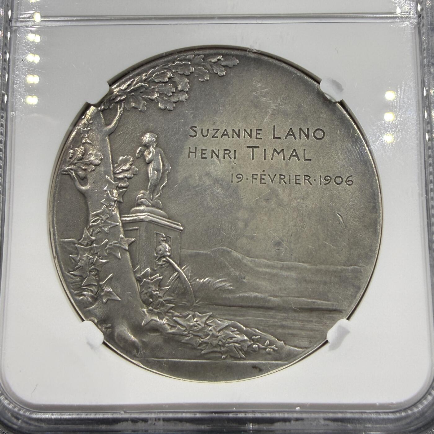 「木头集藏」章牌精品专场！ O.Roty～1906年法国“SEMPER”永恒的爱 婚礼纪念银章，MS 62，直径：41 mm，名家经典。