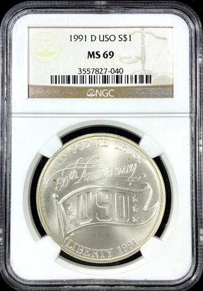 【雨安】【直播拍卖】【第0125期-评级币章】2026-01-24 周六 19:30 - [评级现代] USA 美国 纪念币 1美元 1991年 美国服务组织 [26.73克,  0.900银]