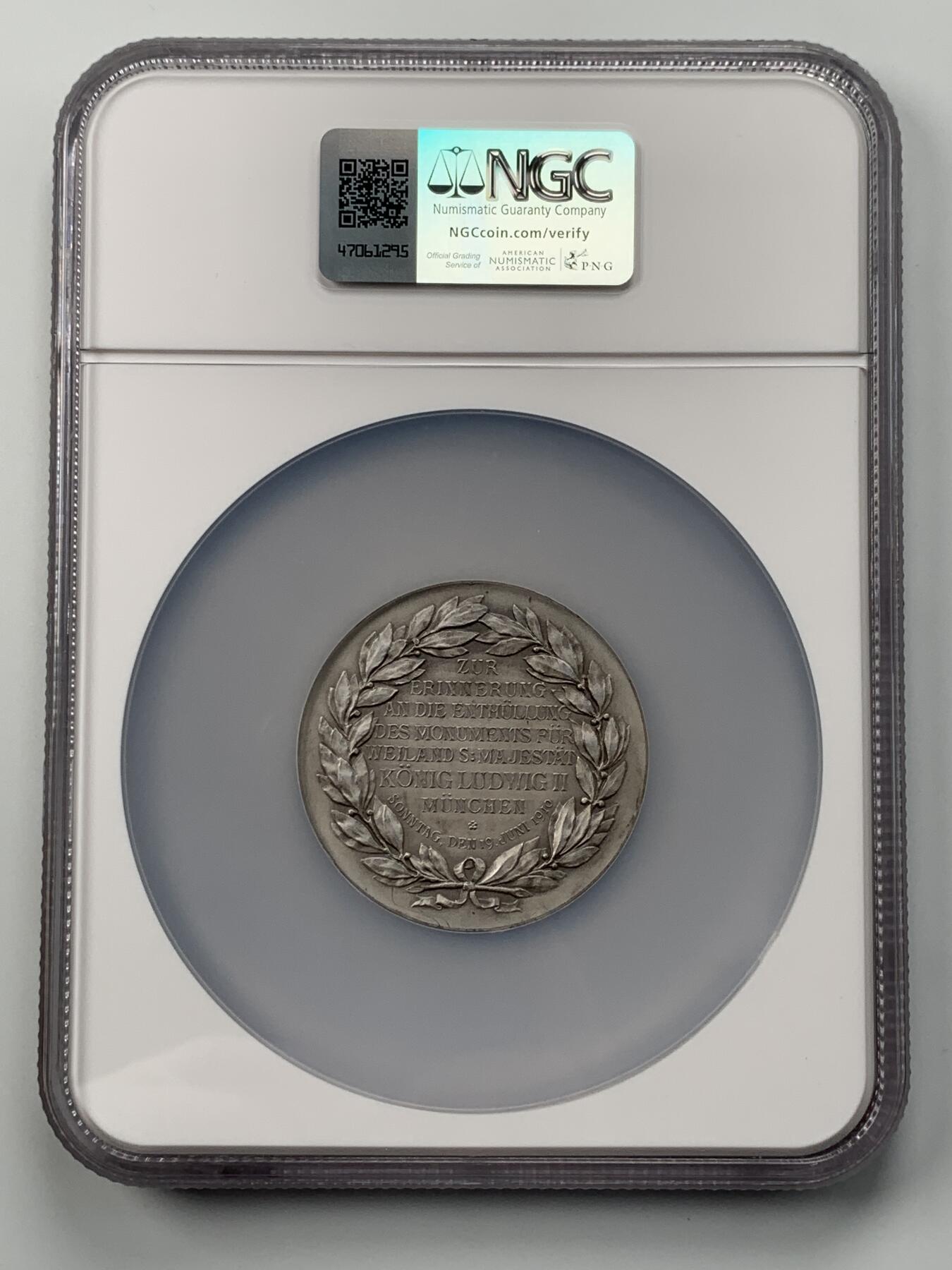 掌中浮雕-藏着的欧洲第050场 NGC MS65 :  1910年巴伐利亚国王路德维希二世纪念碑镀银铜章，50mm