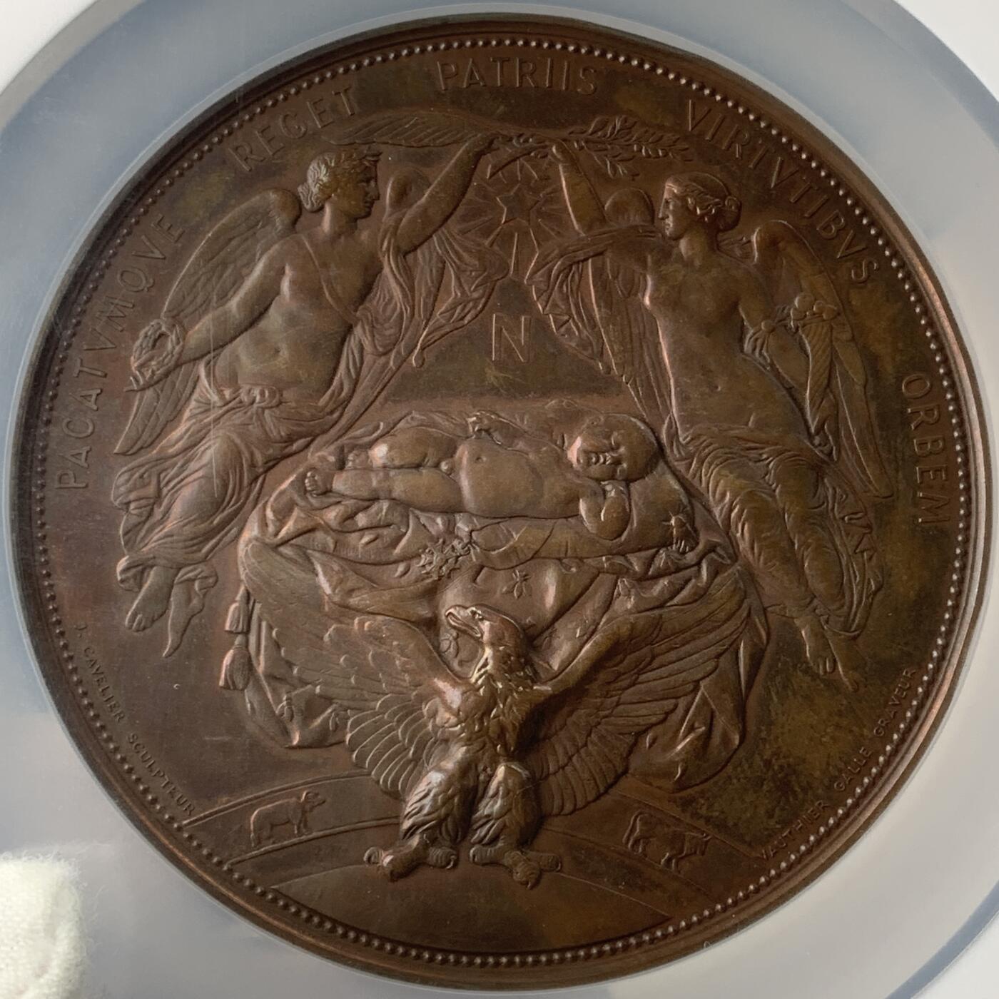 掌中浮雕-藏着的欧洲第050场 NGC AU58  : 1856年法国拿破仑三世儿子诞生大铜章 ，77mm