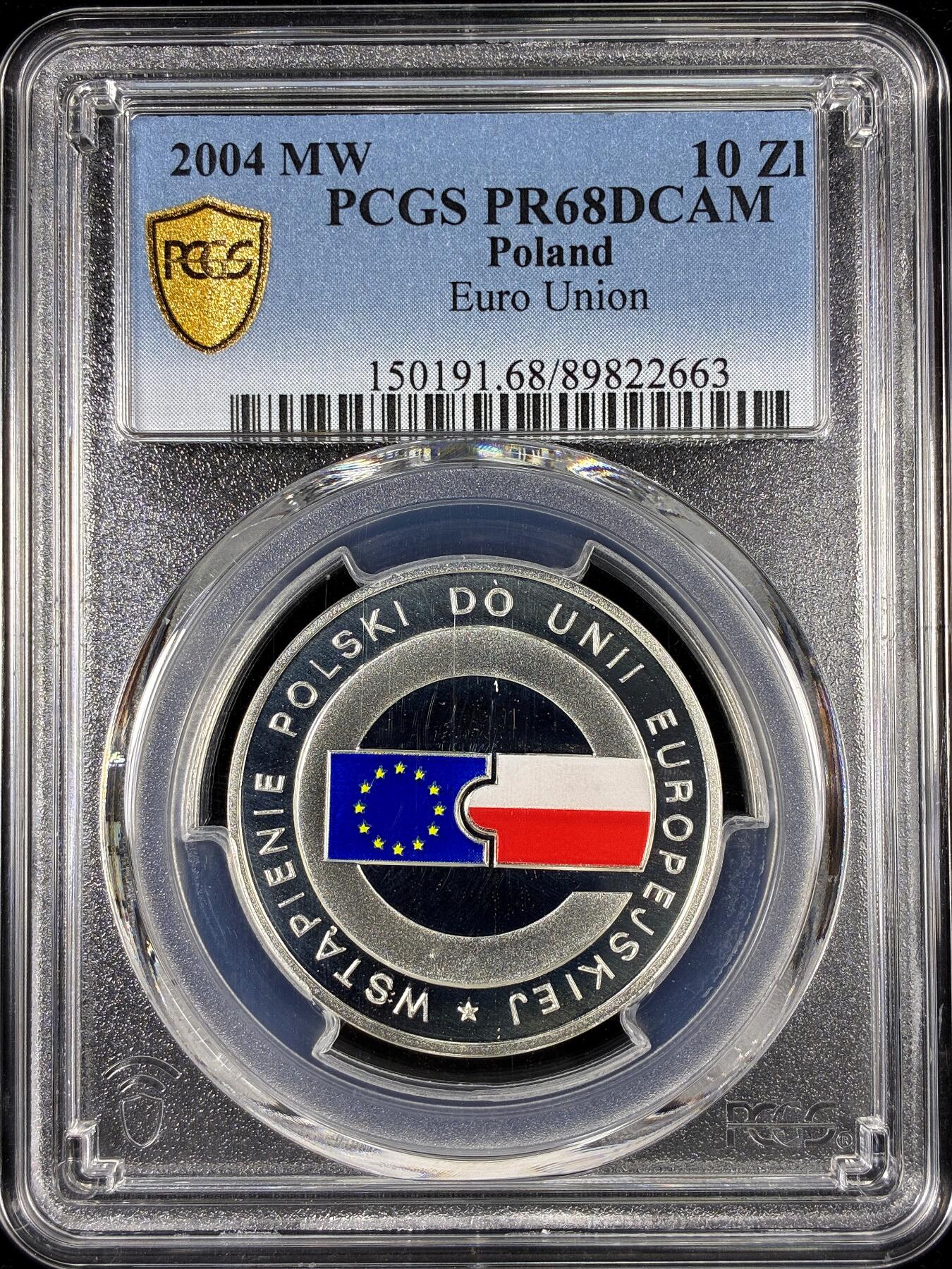 【雨安】【直播拍卖】【第0126期-评级币章】2026-01-24 周六 19:30 [评级现代] Poland 波兰 10兹罗提 2004年 欧盟  [14.14克,  0.925银] PCGS-PR68DCAM 精制币