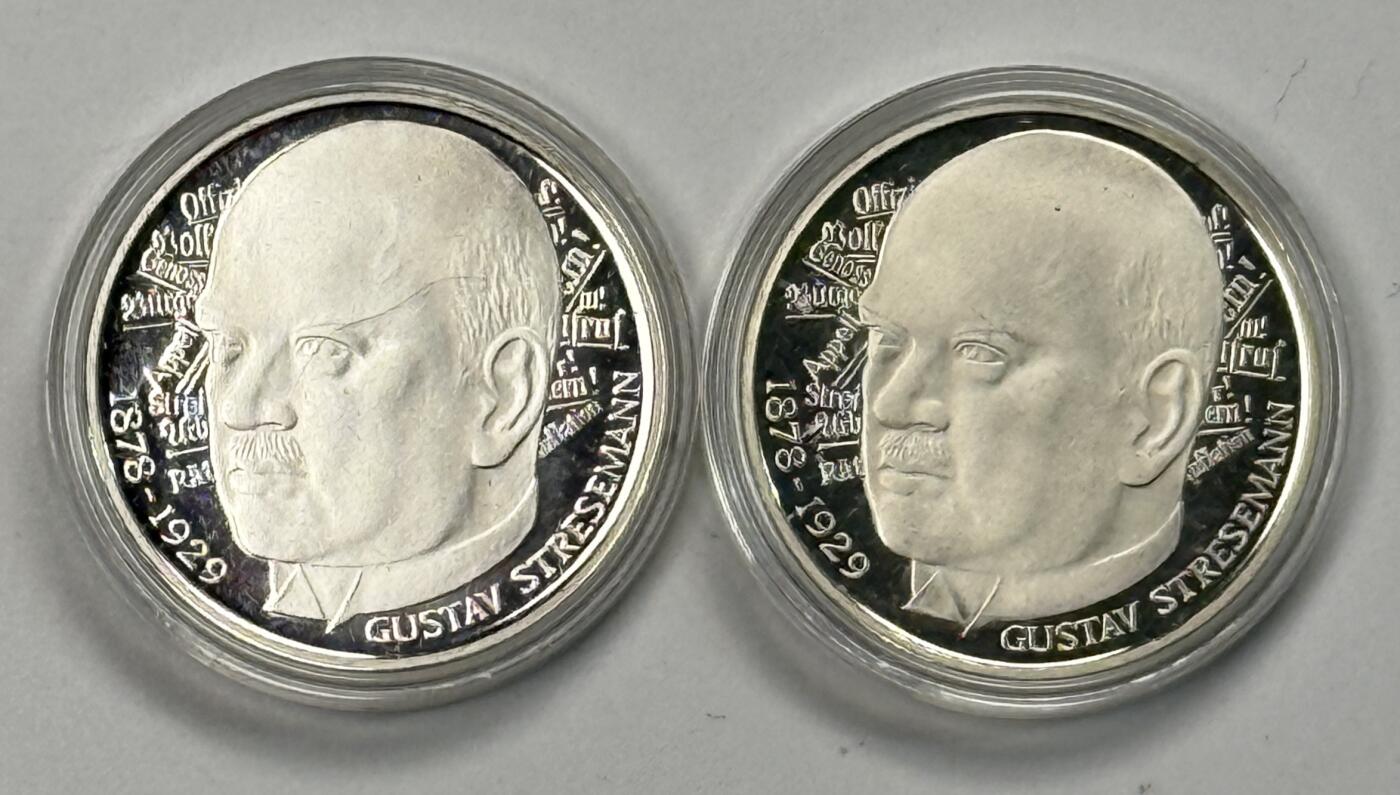 S&S Numismatic世界钱币-拍卖 第119期  2枚一起-德国1978年 古斯塔夫·斯特雷塞曼诞辰百年 5马克精制纪念银币，22.4克625银，品相如图