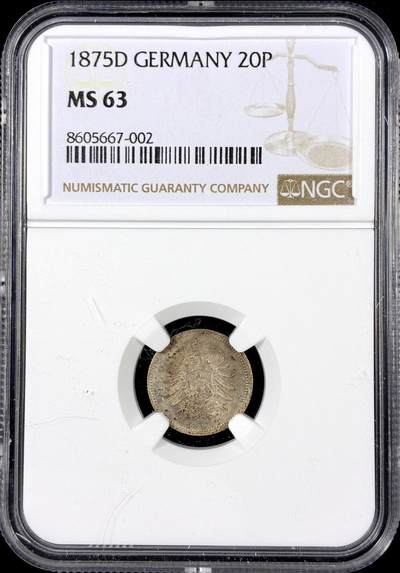 【雨安】【直播拍卖】【第0126期-评级币章】2026-01-24 周六 19:30 - [评级德国] Germany 德国 帝国 20芬尼 1875年D  NGC-MS63