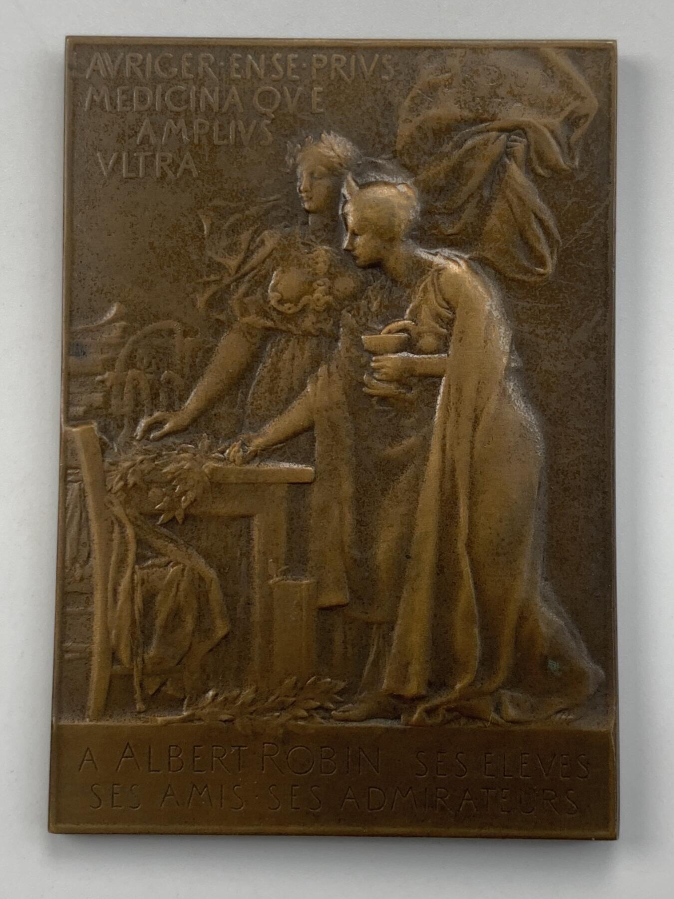 掌中浮雕-藏着的欧洲第050场 1905年法国巴黎医学院教授艾伯特•罗宾纪念铜章 ，73 X 51mm，原盒（卡扣扣不住）； Nicolas Maier法国章优秀作品集#166号； 雕刻家：1900年法国巴黎世博会金奖获得者维克多•佛农(Victor Vernon 1858-1912)