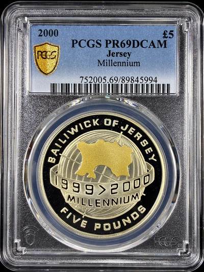 【雨安】【直播拍卖】【第0126期-评级币章】2026-01-24 周六 19:30 - [评级现代] Jersey 泽西 5镑 2000年 千禧年 PCGS-PR69DCAM 精制币
