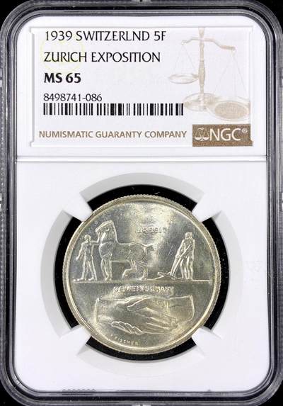 【雨安】【直播拍卖】【第0126期-评级币章】2026-01-24 周六 19:30 - [评级欧洲] Switzerland 瑞士 5法郎 1939年 苏黎世博览会 KM# 43  NGC-MS65