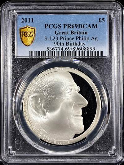 【雨安】【直播拍卖】【第0126期-评级币章】2026-01-24 周六 19:30 - [评级现代] Great Britain 英国 5镑 2011年 菲利普90岁生日 [28.28克,  0.925银] PCGS-PR69DCAM 精制币
