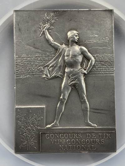 掌中浮雕-藏着的欧洲第050场 - NGC MS62 : 1900年法国奥运、世博会纪念镀银铜章(NGC错误标注银章），42*60mm