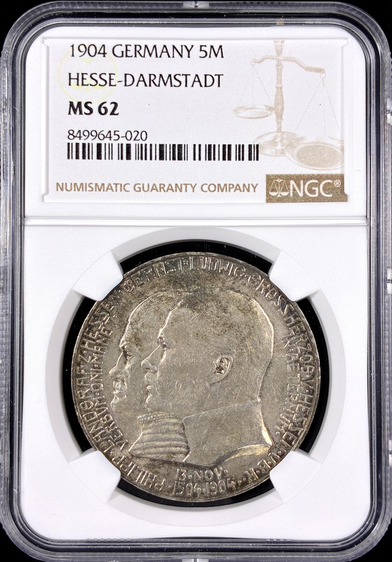 【雨安】【直播拍卖】【第0126期-评级币章】2026-01-24 周六 19:30 [评级德国] Germany 德国 帝国 J.075 黑森-达姆施塔特 5马克 (1904) 腓力一世400周年 1904年  NGC-MS62