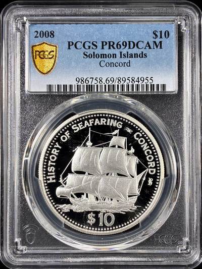 【雨安】【直播拍卖】【第0126期-评级币章】2026-01-24 周六 19:30 - [评级现代] Solomon Islands 所罗门群岛 10元 2008年 帆船 PCGS-PR69DCAM 精制币
