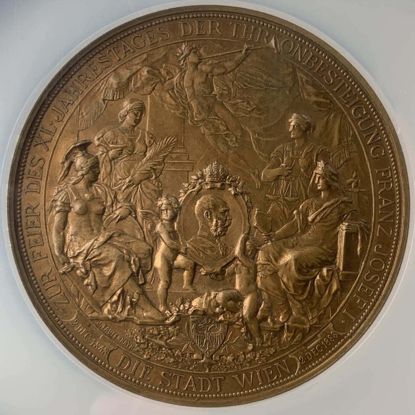 掌中浮雕-藏着的欧洲第050场  NGC MS63 ：1888年弗朗西斯·约瑟夫一世统治40周年铜章，J.Tautenhayn和A.Scharff雕刻，62mm