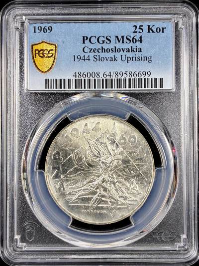 【雨安】【直播拍卖】【第0126期-评级币章】2026-01-24 周六 19:30 - [评级现代] Czechoslovakia 捷克斯洛伐克 25克朗 1969年 斯洛伐克民族起义 银币  PCGS-MS64