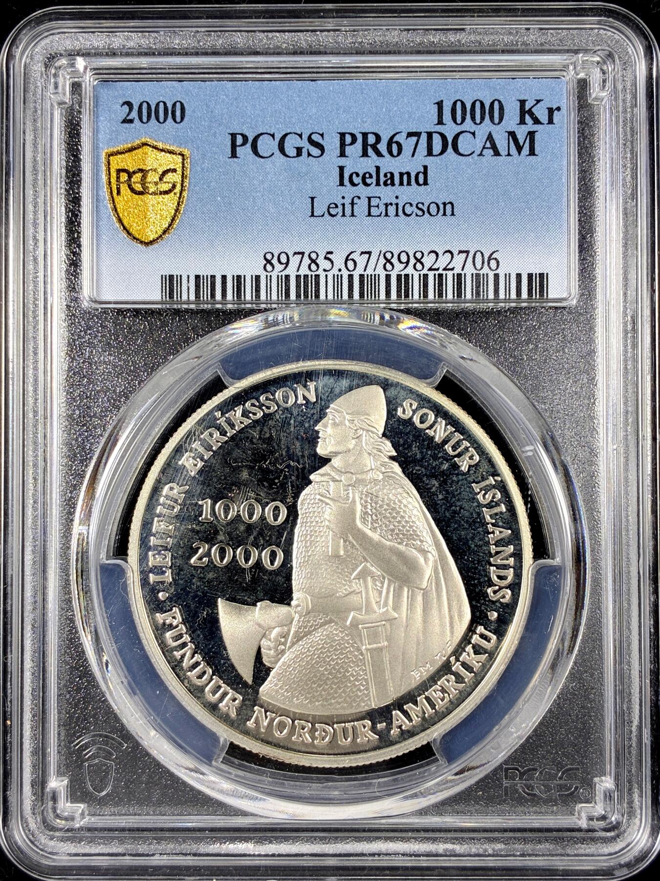 【雨安】【直播拍卖】【第0126期-评级币章】2026-01-24 周六 19:30 [评级现代] Iceland 冰岛 1000克朗 2000年 探险家莱夫·埃里克松 PCGS-PR67DCAM 精制币
