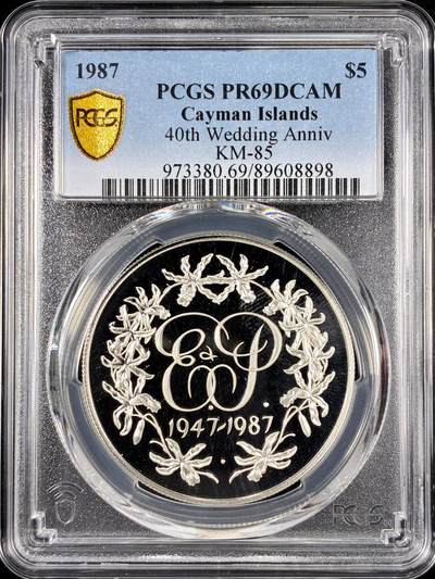 【雨安】【直播拍卖】【第0126期-评级币章】2026-01-24 周六 19:30 - [评级现代] Cayman Islands 开曼群岛 5元 1987年 伊丽莎白二世结婚40周年 PCGS-PR69DCAM 精制币