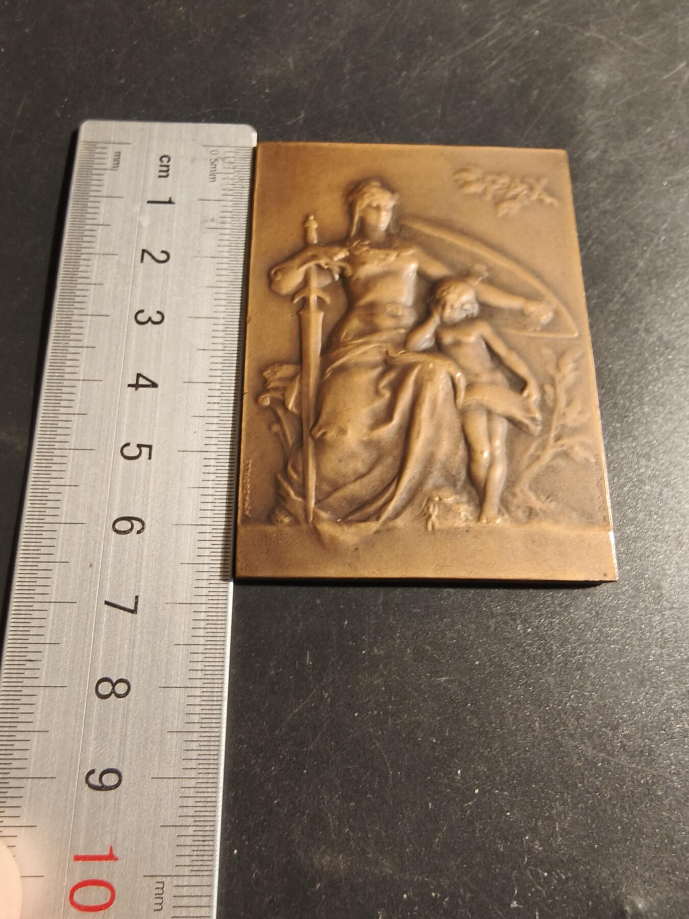 老王徽章第178期 法国“和平寓言”主题方形大铜章     一手持盾一手执剑的女性在保护一位小孩      大师皮列作品     尺寸50×68mm    重量88.5g