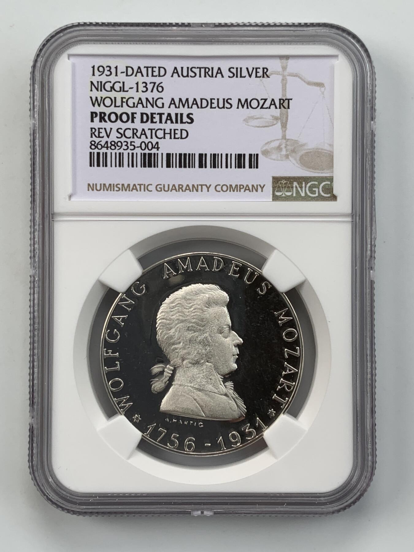 掌中浮雕-藏着的欧洲第050场 NGC PR :1931年奥地利莫扎特精致银章，35mm
