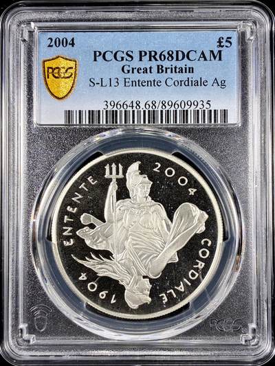 【雨安】【直播拍卖】【第0126期-评级币章】2026-01-24 周六 19:30 - [评级现代] Great Britain 英国 5镑 2004年 英法协约 PCGS-PR68DCAM 精制币