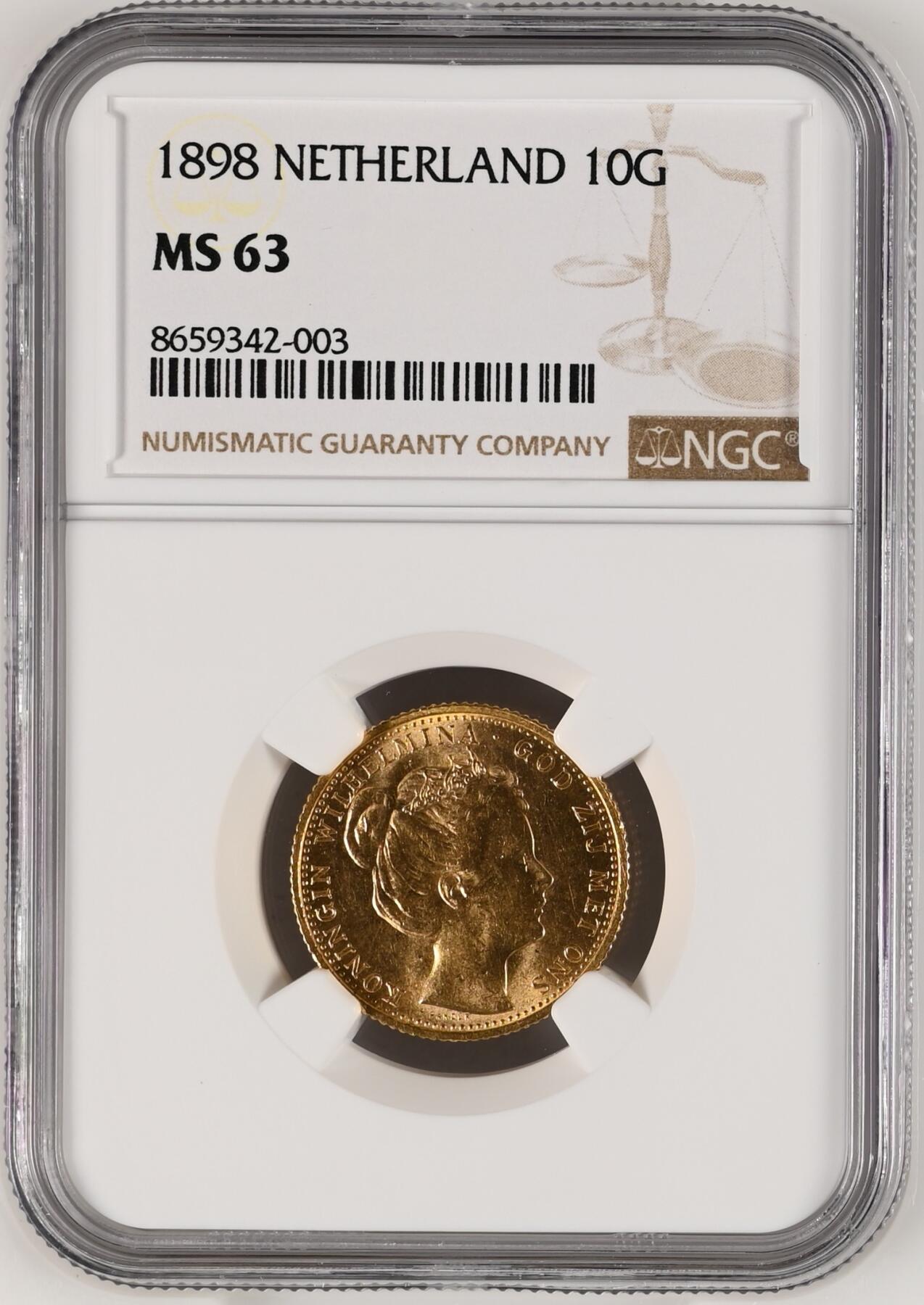 NGC-MS63荷兰1898年威廉明娜女王10盾金币金萝莉皇冠萝莉