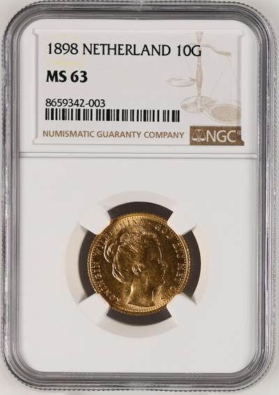NGC-MS63荷兰1898年威廉明娜女王10盾金币金萝莉皇冠萝莉 - NGC-MS63荷兰1898年威廉明娜女王10盾金币金萝莉皇冠萝莉
