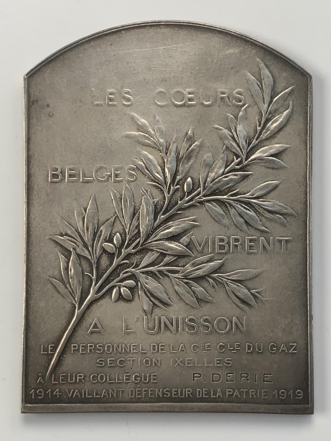 掌中浮雕-藏着的欧洲第050场 比利时煤气公司一战参战员工镀银铜章奖牌, 61*83mm，128g，原盒有破损，卡扣扣不住