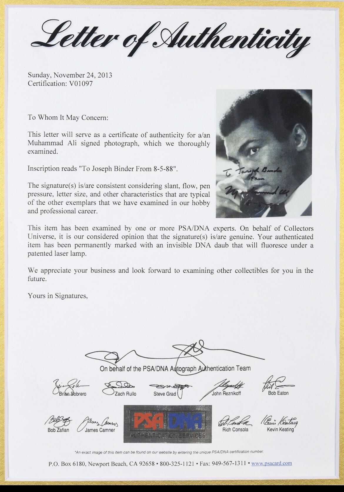 拳王阿里亲签照：单张双认证（PSA/DNA）+ 单张签名照珍藏套装