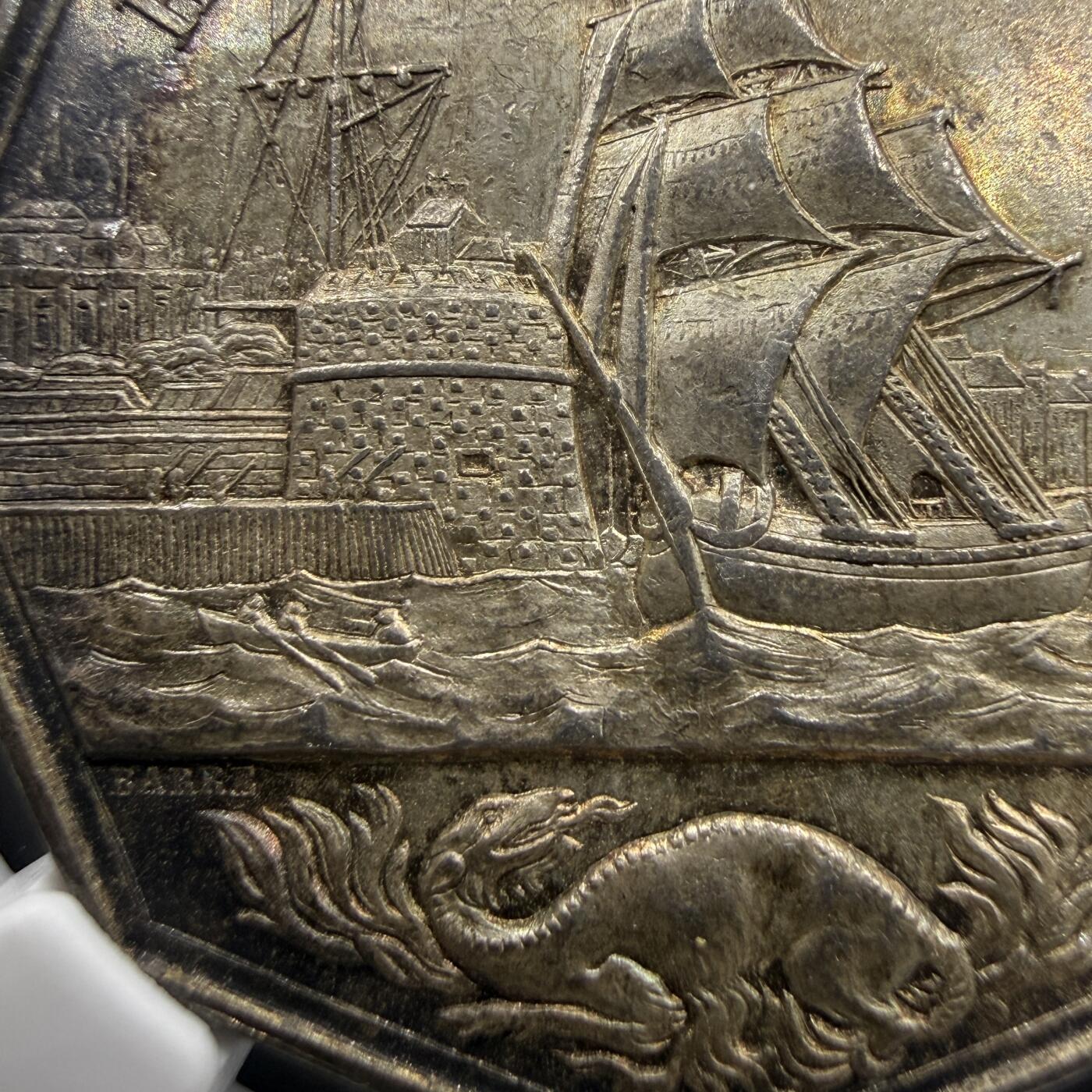 「木头集藏」章牌精品专场！ Barre～法国勒阿弗尔商会八角银章，MS 63 ，直径：32 mm， 边铭：手指 ARGENT （1845-1860年），难得好品！