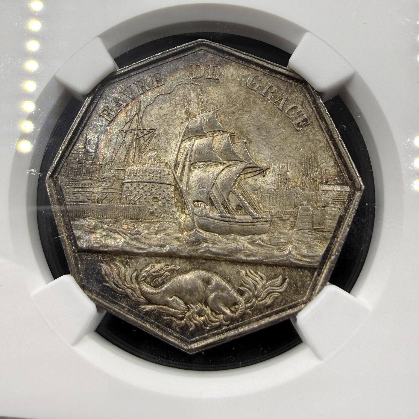 「木头集藏」章牌精品专场！ Barre～法国勒阿弗尔商会八角银章，MS 63 ，直径：32 mm， 边铭：手指 ARGENT （1845-1860年），难得好品！