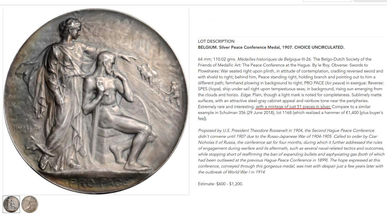 「木头集藏」章牌精品专场！ 荷兰-比利时章牌艺术之友协会1907年海牙和平会议大银章，MS 64  Le Roy作品，65mm，112克，品相极佳，协会第14号作品，银章发行量仅51枚！正面和平女神劝导战神铸剑为犁，背面和平之舟正在劈波斩浪。近年来欧洲拍卖含佣金价格均超过8000元人民币。  荷兰-比利时章牌艺术之友协会是章牌艺术史上重要的协会之一。