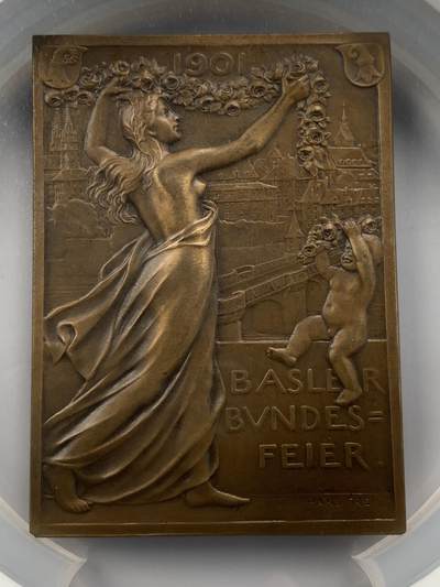 掌中浮雕-藏着的欧洲第050场 - NGC MS65 : 1901年瑞士巴塞尔加入瑞士联邦400周年纪念矩形大铜章，58mm*80mm