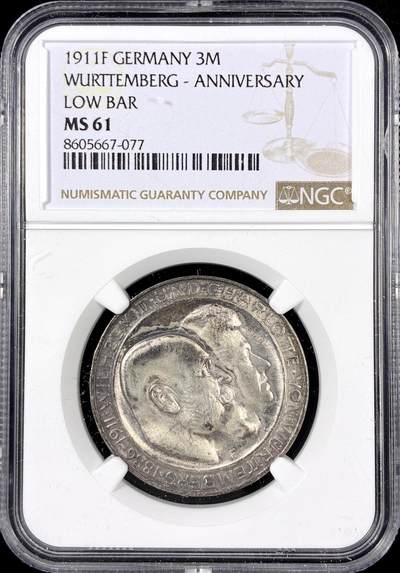 【雨安】【直播拍卖】【第0126期-评级币章】2026-01-24 周六 19:30 - [评级欧洲] Germany 德国 帝国 符腾堡 3马克 (1911) 金婚 1911年  NGC-MS61