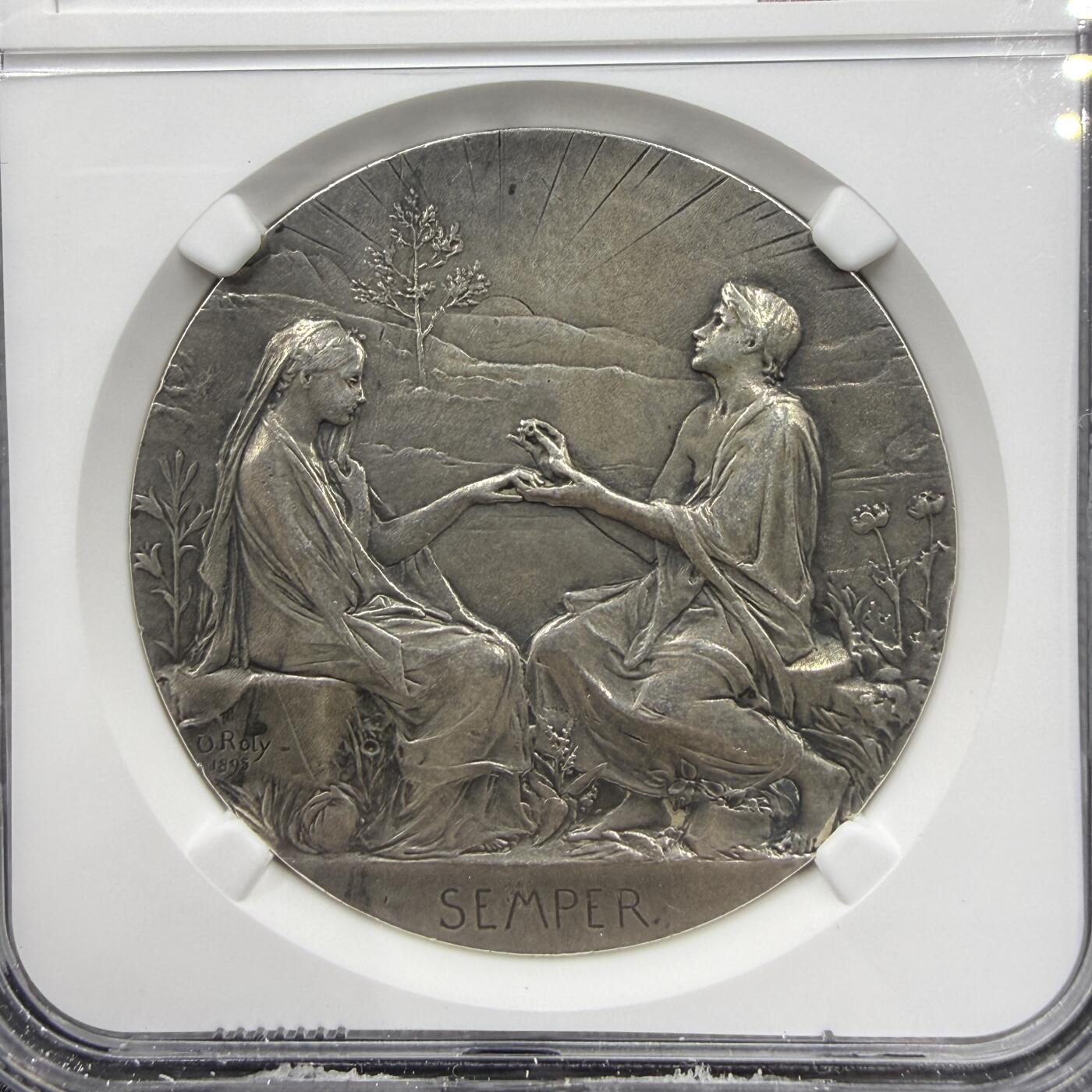 「木头集藏」章牌精品专场！ O.Roty～1906年法国“SEMPER”永恒的爱 婚礼纪念银章，MS 62，直径：41 mm，名家经典。