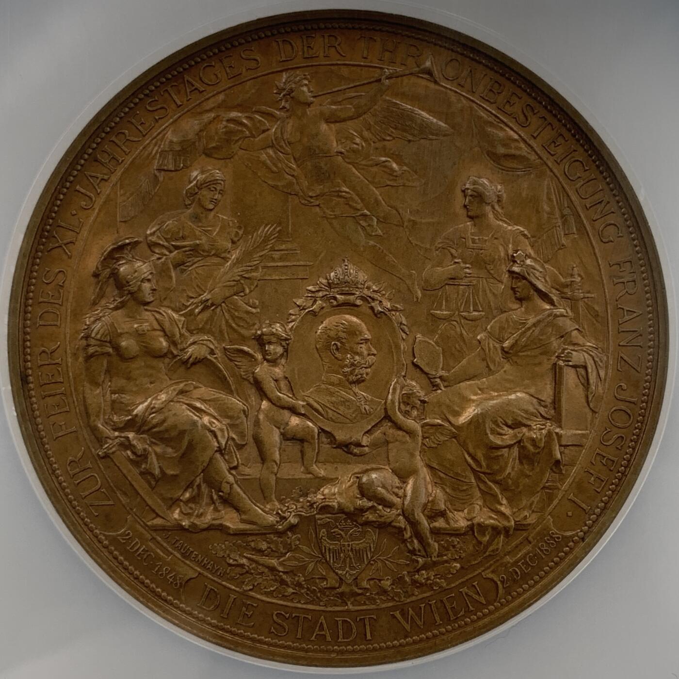 掌中浮雕-藏着的欧洲第050场  NGC MS63 ：1888年弗朗西斯·约瑟夫一世统治40周年铜章，J.Tautenhayn和A.Scharff雕刻，62mm