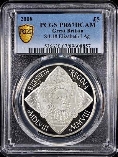 【雨安】【直播拍卖】【第0126期-评级币章】2026-01-24 周六 19:30 - [评级现代] Great Britain 英国 5镑 2008年 伊丽莎白一世 PCGS-PR67DCAM 精制币