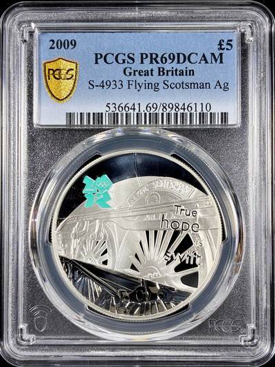 【雨安】【直播拍卖】【第0126期-评级币章】2026-01-24 周六 19:30 - [评级现代] Great Britain 英国 5镑 2009年 伦敦奥运会-蒸汽机飞翔的苏格兰人 PCGS-PR69DCAM 精制币