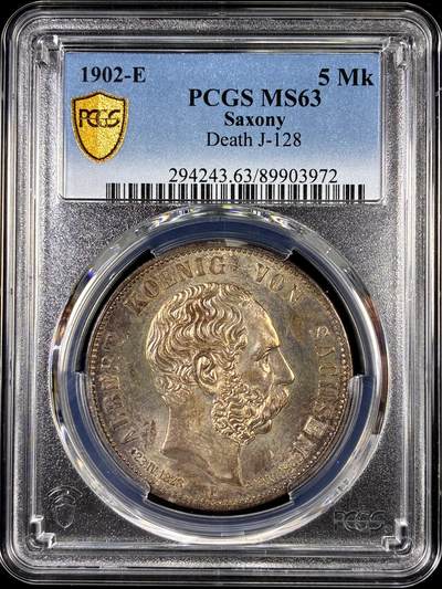 【雨安】【直播拍卖】【第0126期-评级币章】2026-01-24 周六 19:30 - [评级德国] Germany 德国 帝国 J.128 萨克森 5马克 (1902) 阿尔伯特逝世 1902年  PCGS-MS63 原味欧洲五彩包浆