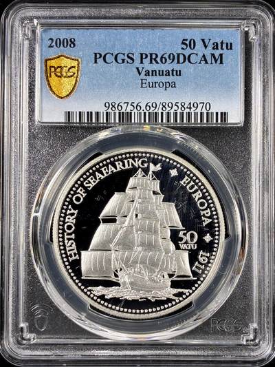 【雨安】【直播拍卖】【第0126期-评级币章】2026-01-24 周六 19:30 - [评级现代] Vanuatu 瓦努阿图 50元 2008年 帆船 PCGS-PR69DCAM 精制币