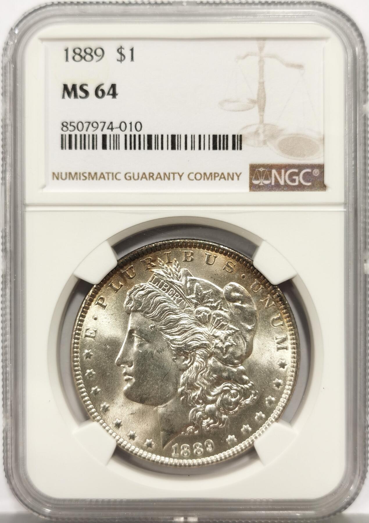 博洋堂世界钱币拍卖第158期（全场包邮） NGC MS64 美国1889年摩根大银币，底板干净漂亮，略有包浆点缀