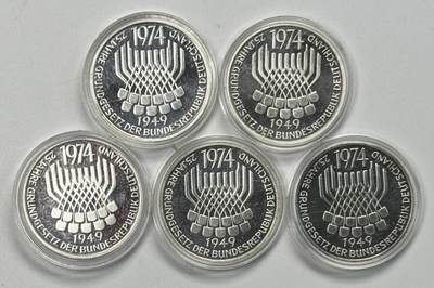 S&S Numismatic世界钱币-拍卖 第119期  - 5枚一起-德国1974年 联邦宪法25周年 5马克精制纪念银币，56克625银，品相如图